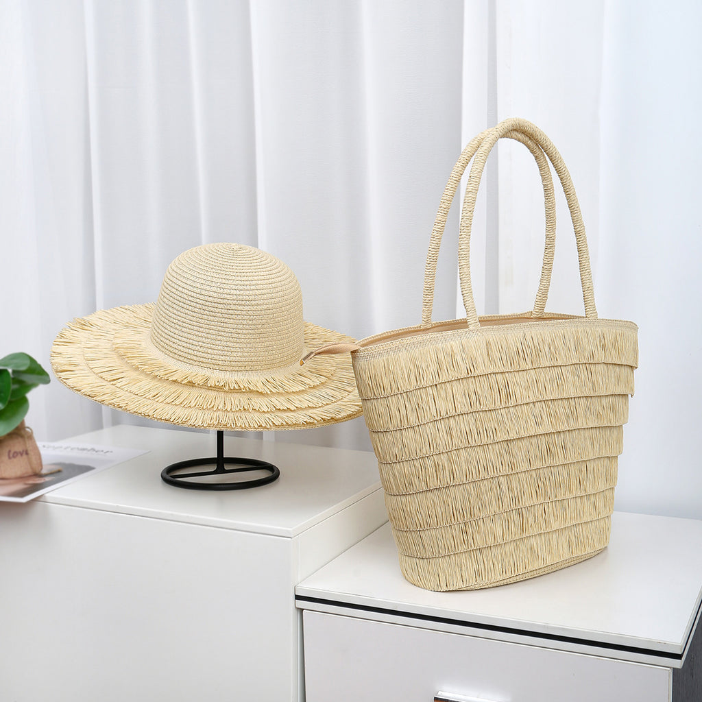 Wide-Brim Straw Hat with Tassel Details and Matching Shoulder Bag