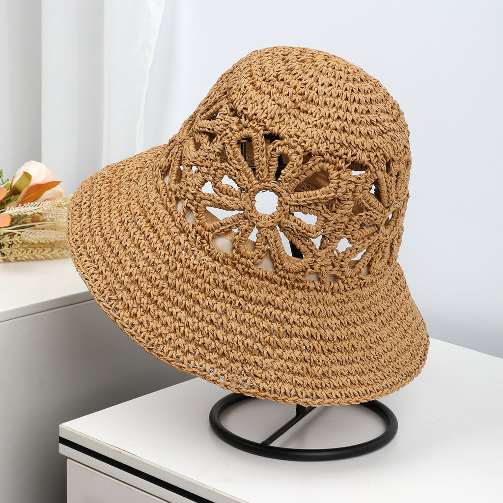 Airy Hand-Woven Straw Fisherman Hat with Floral Hollow Detailing