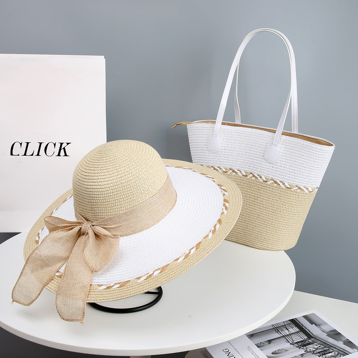 Coordinated Straw Hat and Bag Set for Seaside Getaways