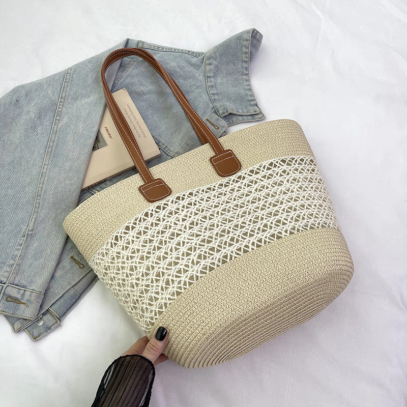 Woven Straw Shoulder Bag with Striped and Hollow Pattern Options