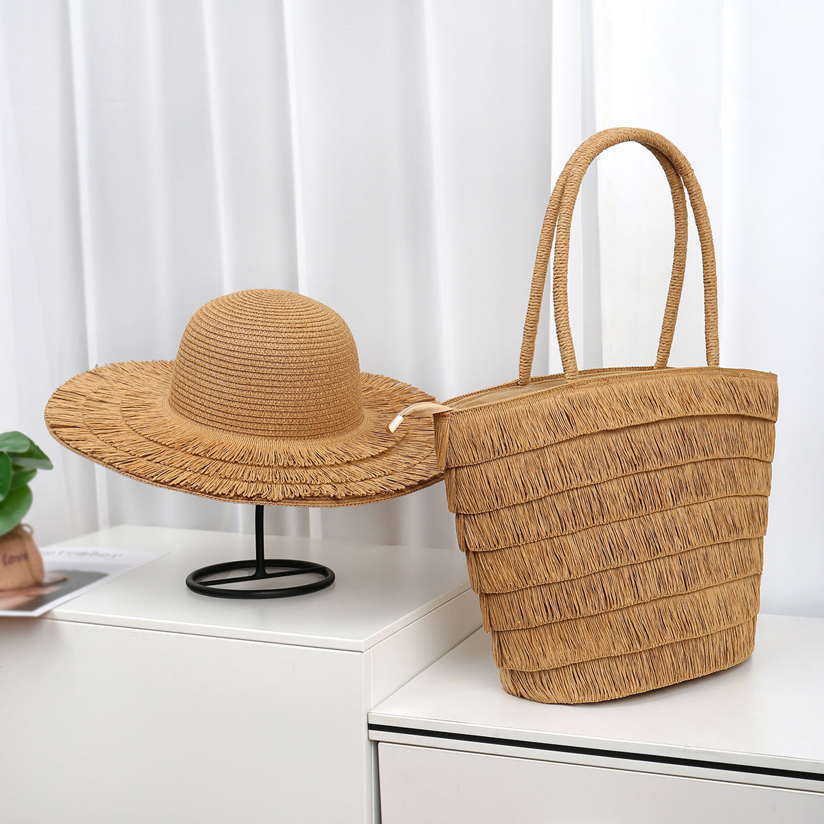 Wide-Brim Straw Hat with Tassel Details and Matching Shoulder Bag