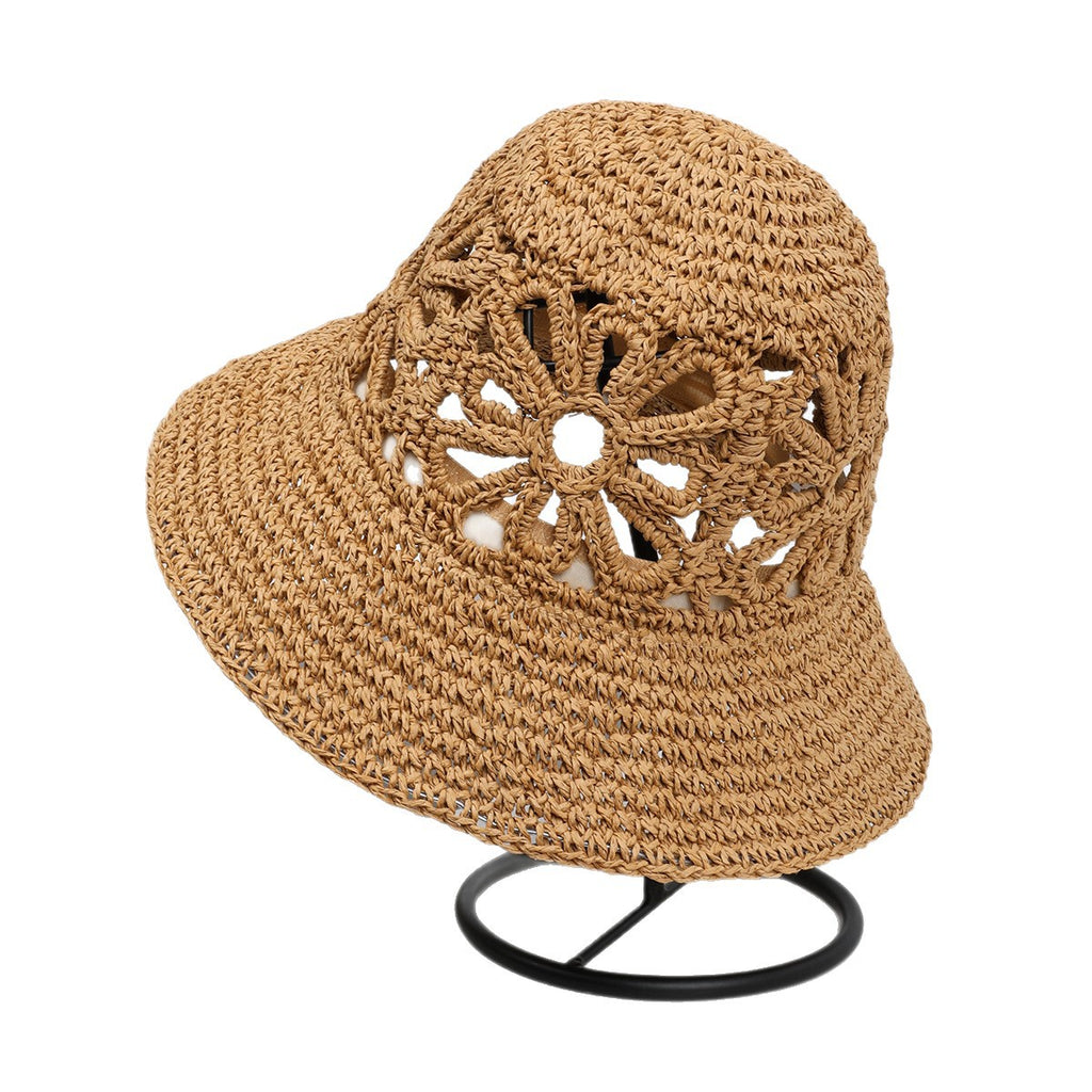 Airy Hand-Woven Straw Fisherman Hat with Floral Hollow Detailing