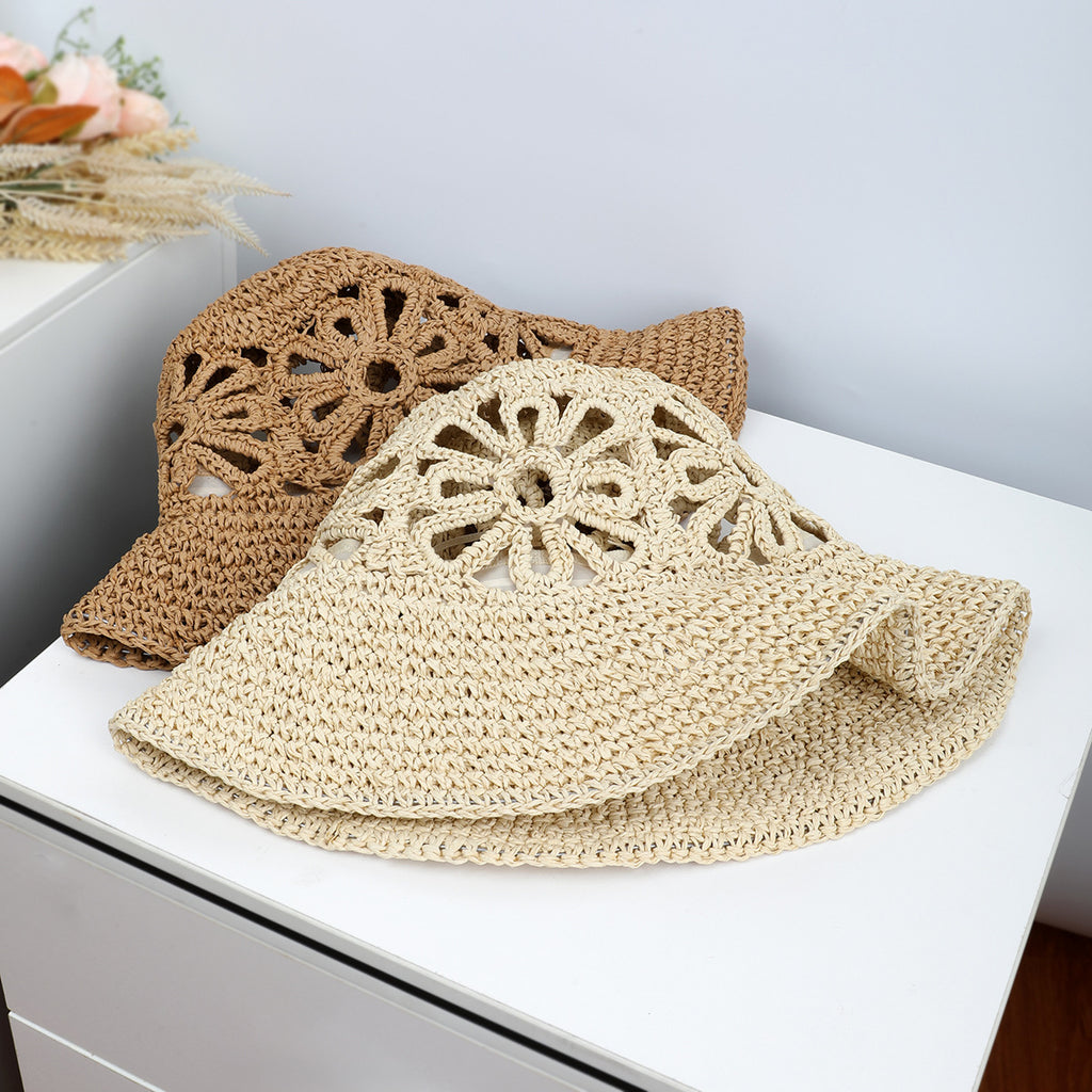 Airy Hand-Woven Straw Fisherman Hat with Floral Hollow Detailing