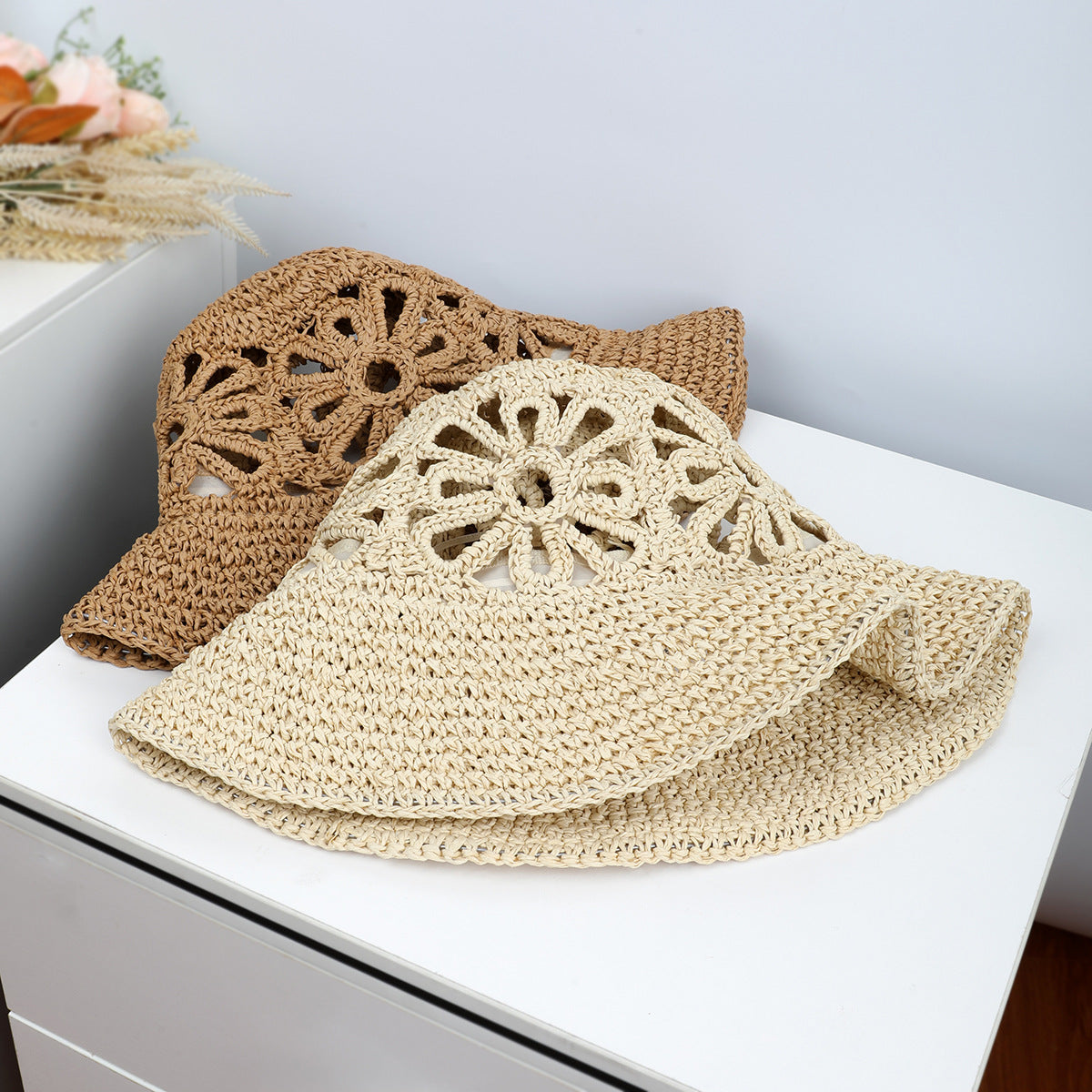 Airy Hand-Woven Straw Fisherman Hat with Floral Hollow Detailing