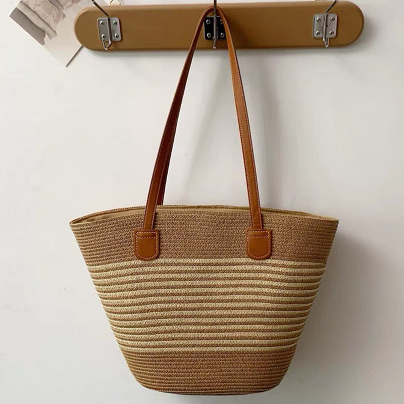 Woven Straw Shoulder Bag with Striped and Hollow Pattern Options