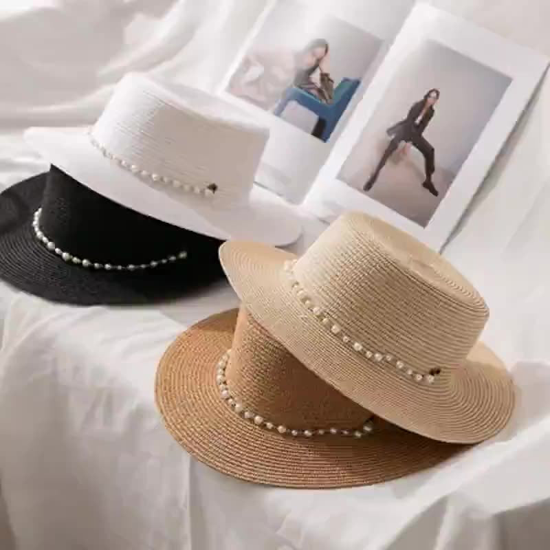 French-Inspired Flat Straw Hat with Pearl Chain Accent