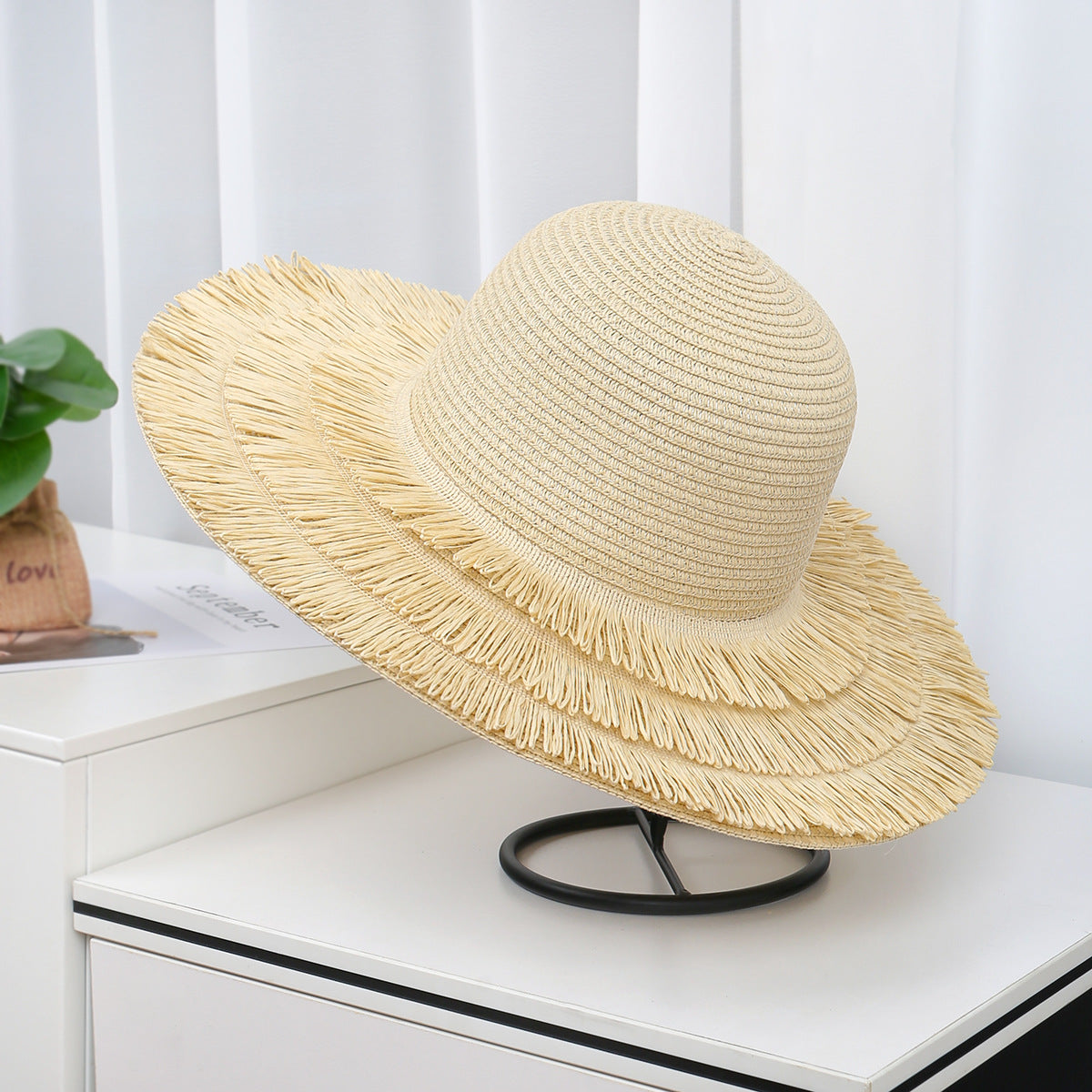 Wide-Brim Straw Hat with Tassel Details and Matching Shoulder Bag