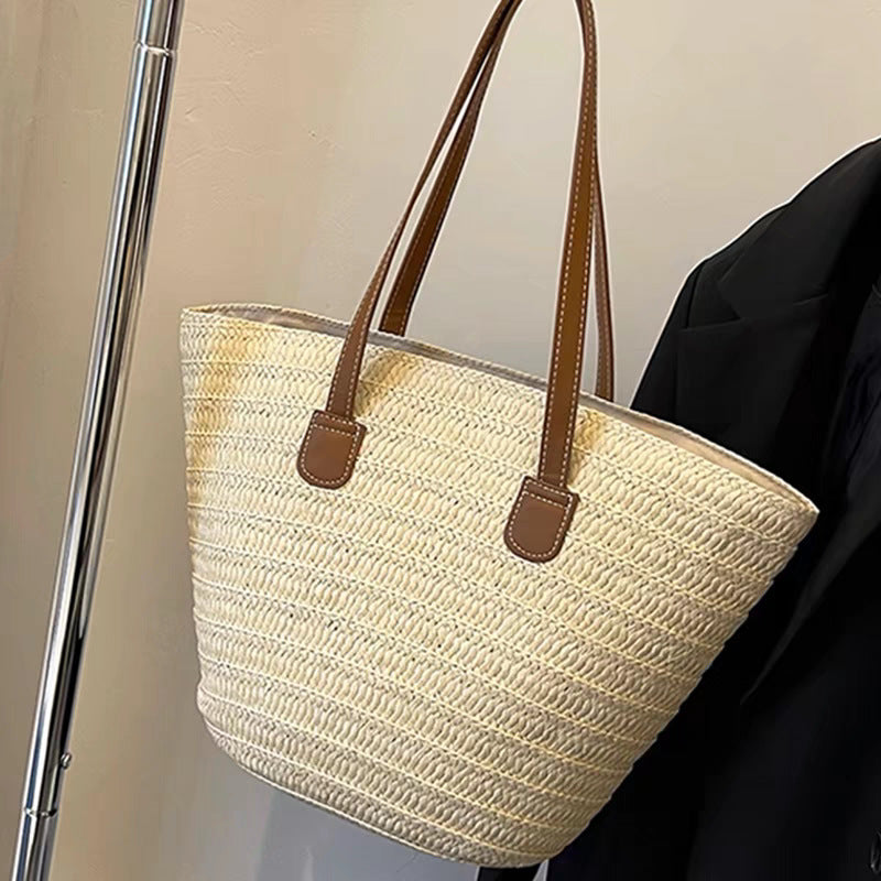 Woven Straw Shoulder Bag with Striped and Hollow Pattern Options