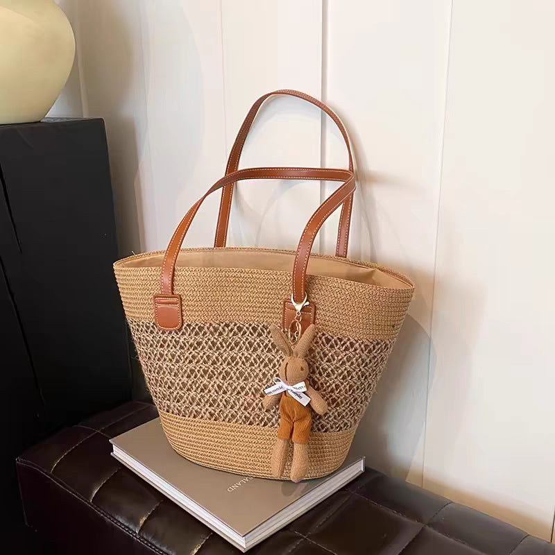 Woven Straw Shoulder Bag with Striped and Hollow Pattern Options