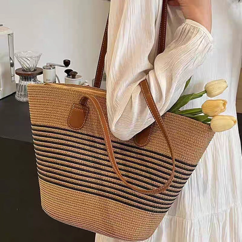 Woven Straw Shoulder Bag with Striped and Hollow Pattern Options