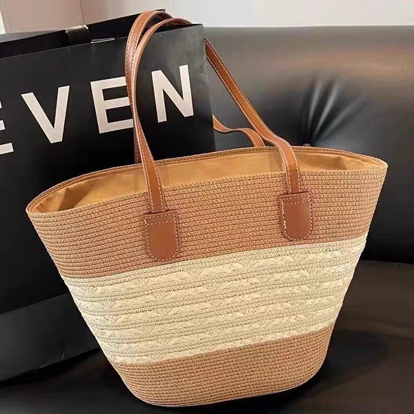 Woven Straw Shoulder Bag with Striped and Hollow Pattern Options
