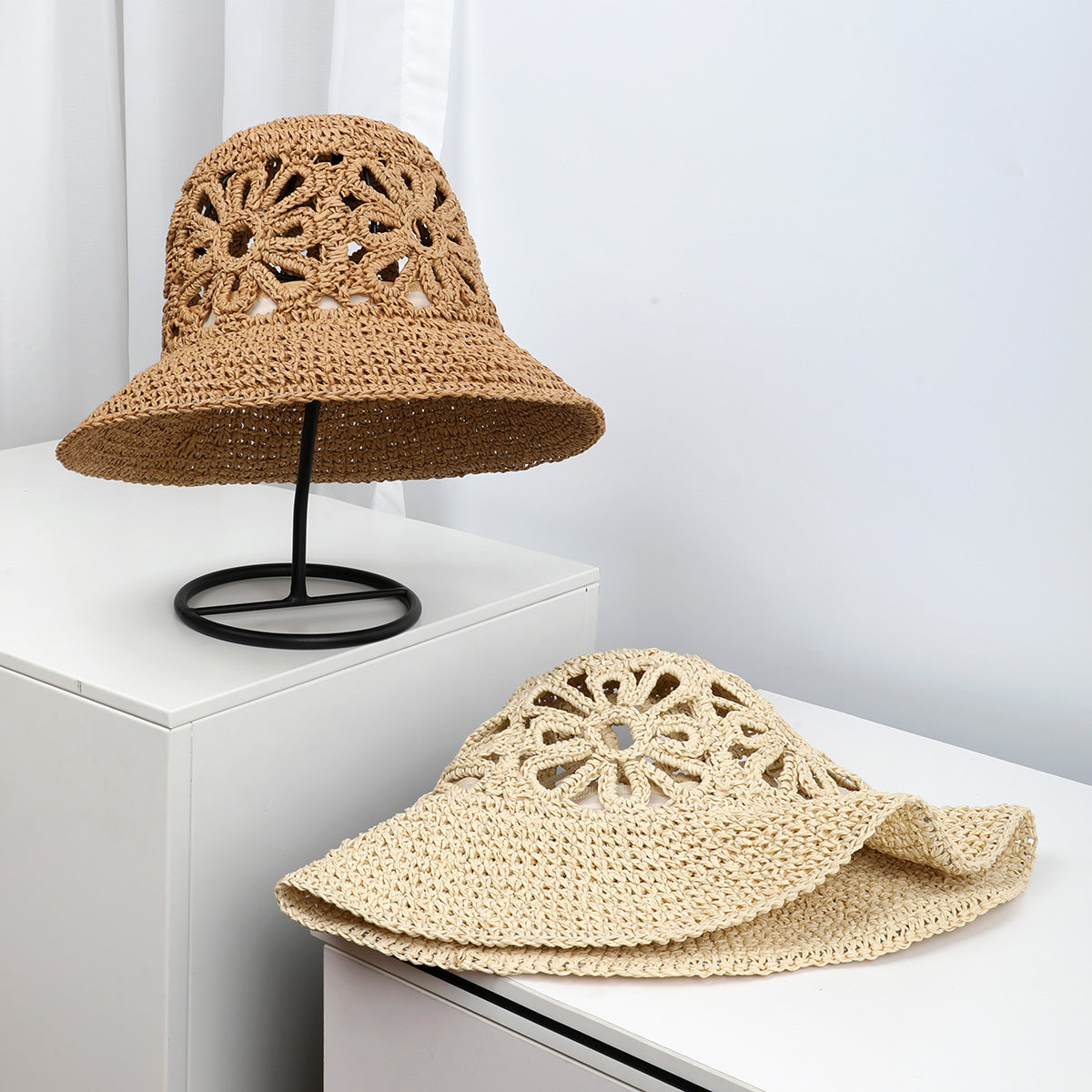 Airy Hand-Woven Straw Fisherman Hat with Floral Hollow Detailing