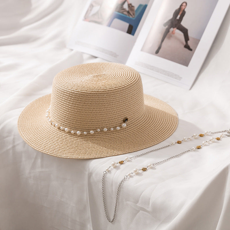 French-Inspired Flat Straw Hat with Pearl Chain Accent