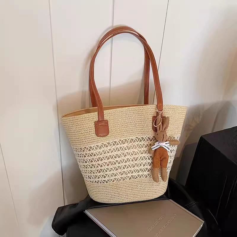 Woven Straw Shoulder Bag with Striped and Hollow Pattern Options