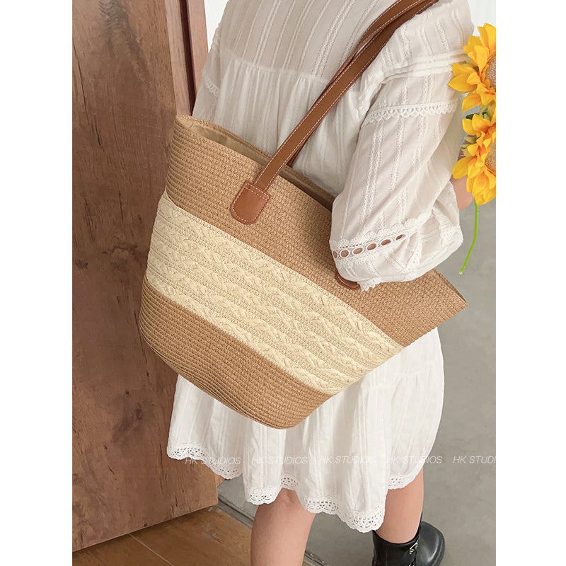 Woven Straw Shoulder Bag with Striped and Hollow Pattern Options