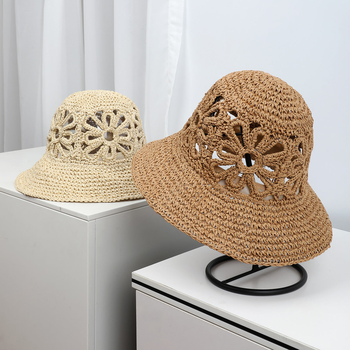 Airy Hand-Woven Straw Fisherman Hat with Floral Hollow Detailing