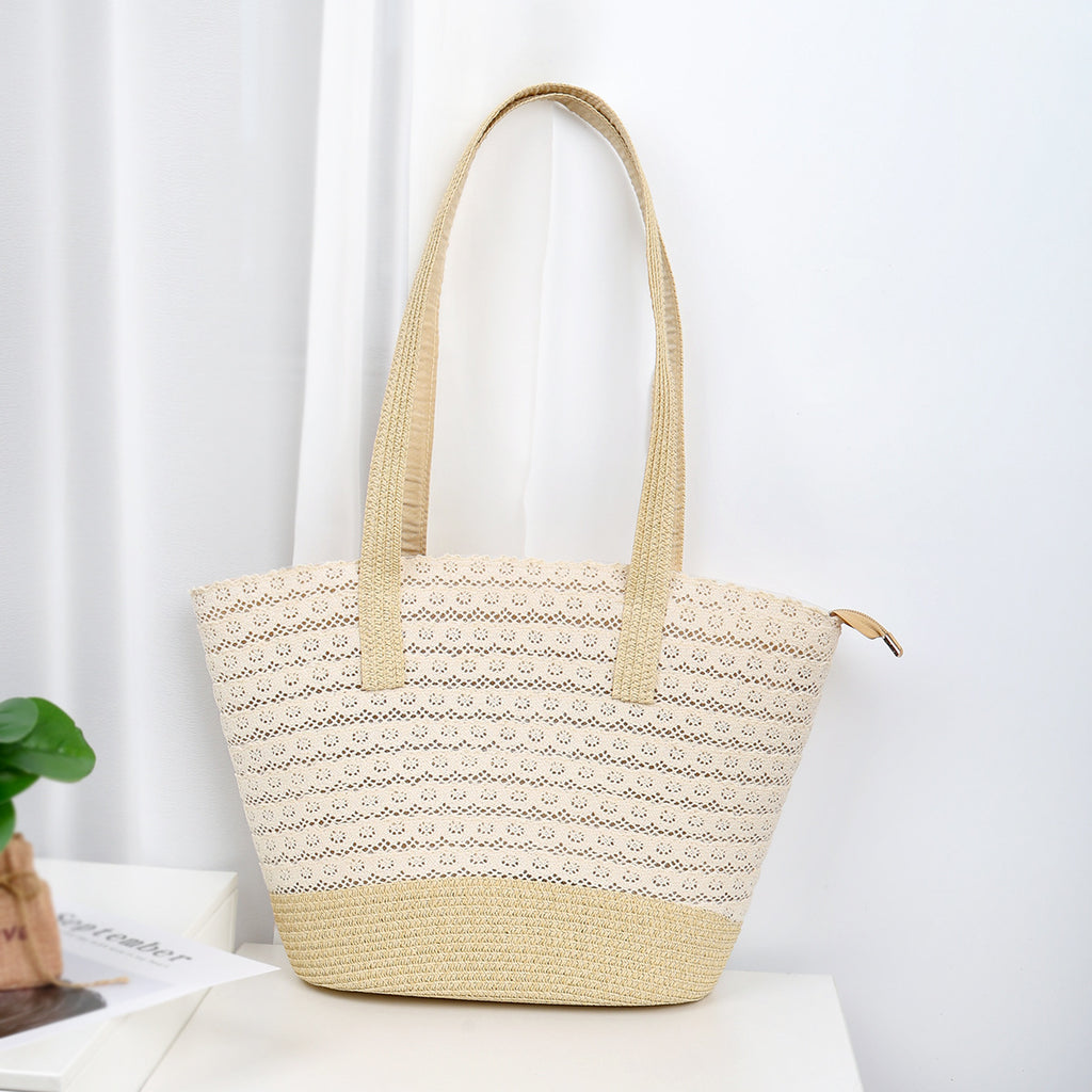 Textured Straw Bucket Bag with Lace Detailing for Coastal Days