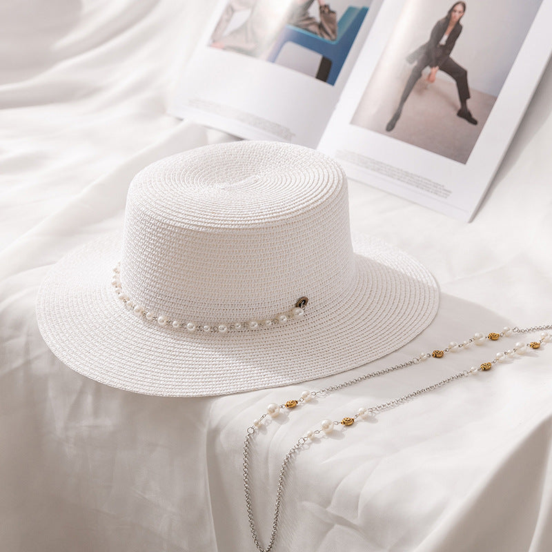 French-Inspired Flat Straw Hat with Pearl Chain Accent