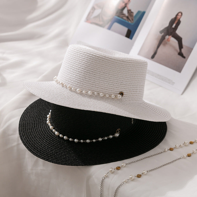 French-Inspired Flat Straw Hat with Pearl Chain Accent