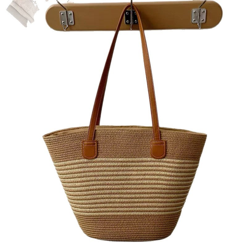 Woven Straw Shoulder Bag with Striped and Hollow Pattern Options
