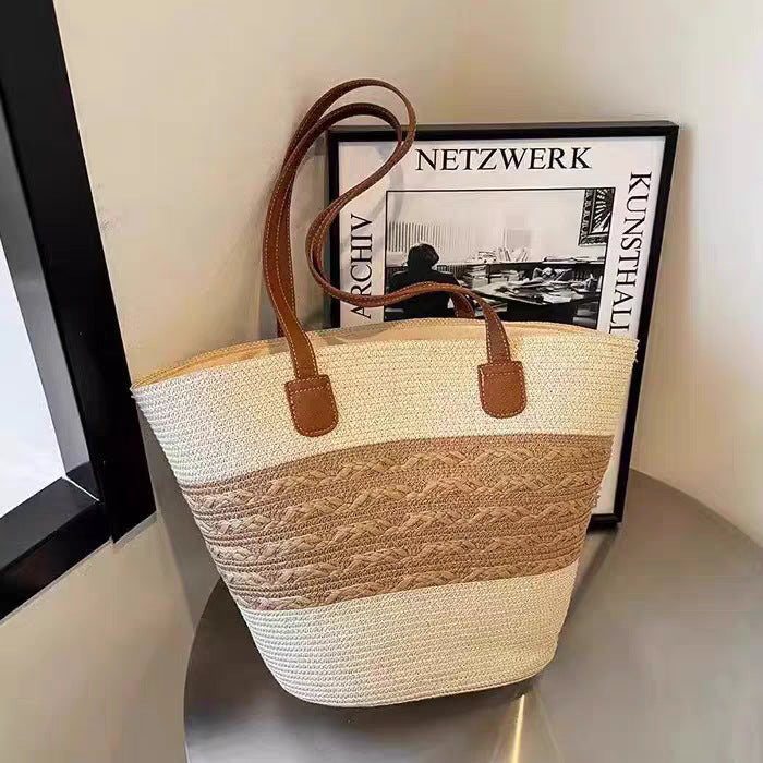 Woven Straw Shoulder Bag with Striped and Hollow Pattern Options