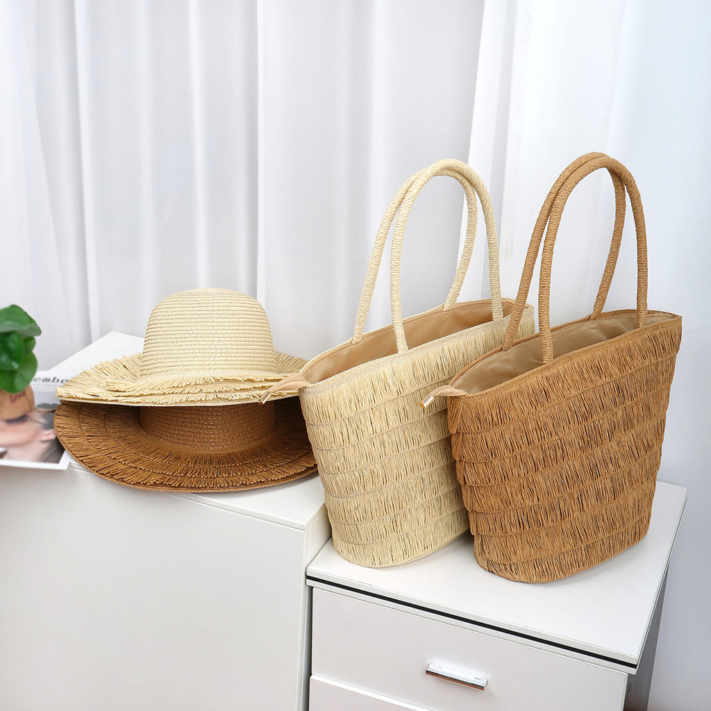 Wide-Brim Straw Hat with Tassel Details and Matching Shoulder Bag