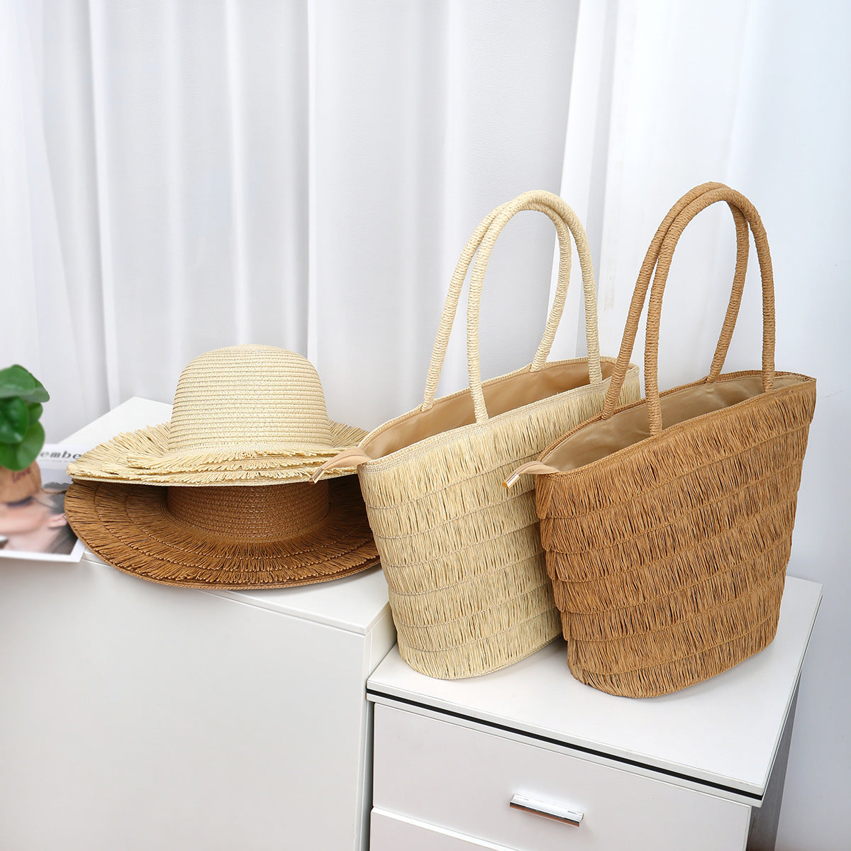 Wide-Brim Straw Hat with Tassel Details and Matching Shoulder Bag