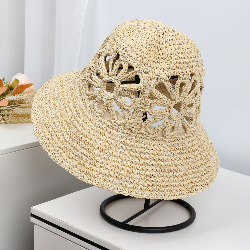 Airy Hand-Woven Straw Fisherman Hat with Floral Hollow Detailing