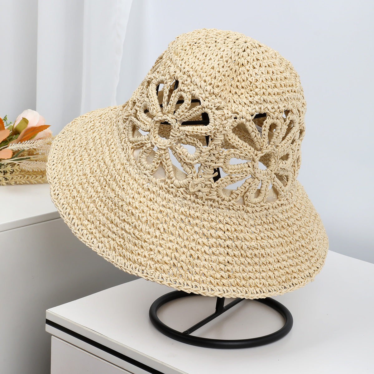 Airy Hand-Woven Straw Fisherman Hat with Floral Hollow Detailing