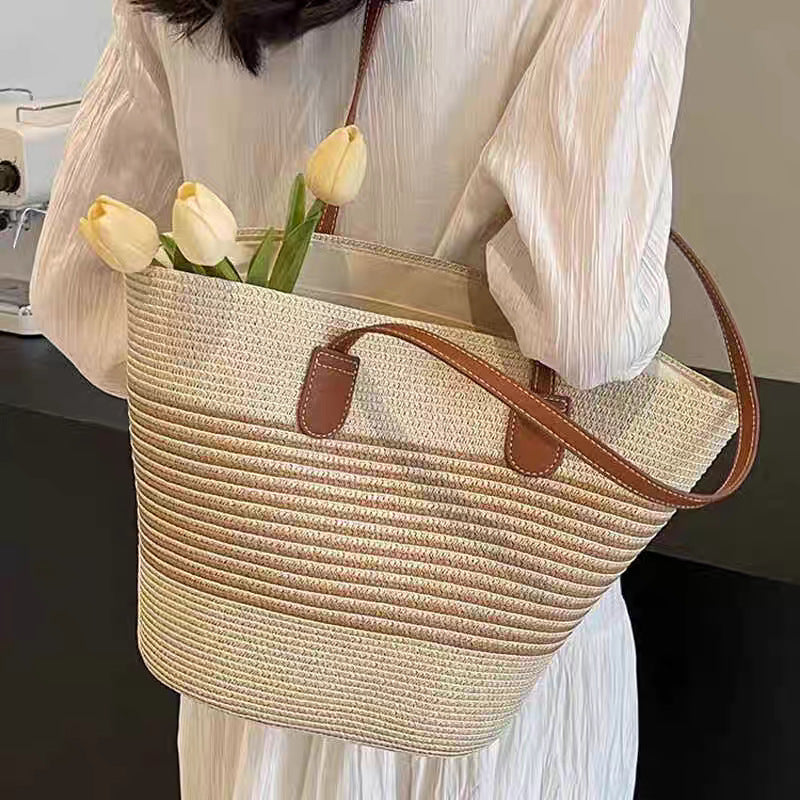 Woven Straw Shoulder Bag with Striped and Hollow Pattern Options