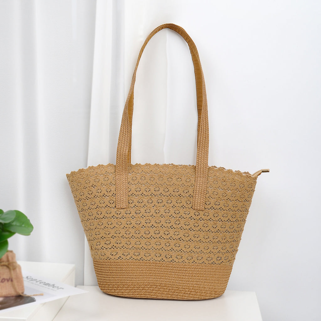 Textured Straw Bucket Bag with Lace Detailing for Coastal Days