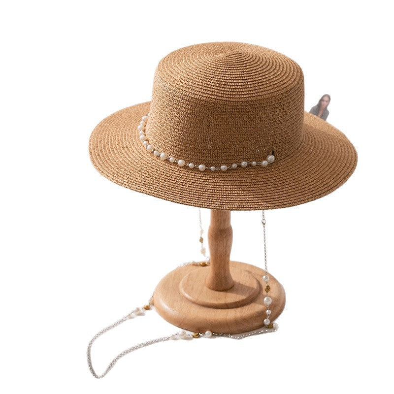 French-Inspired Flat Straw Hat with Pearl Chain Accent