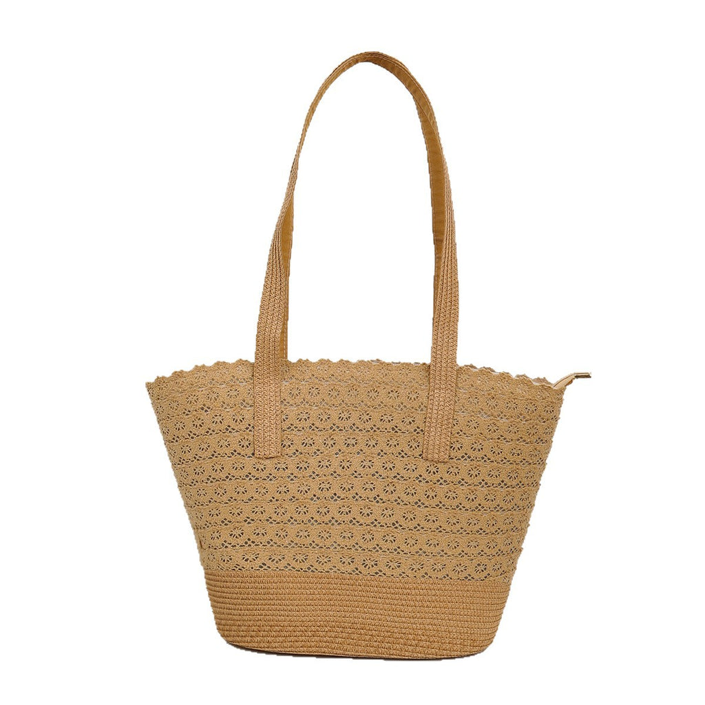 Textured Straw Bucket Bag with Lace Detailing for Coastal Days