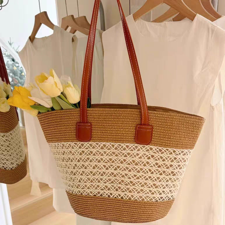 Woven Straw Shoulder Bag with Striped and Hollow Pattern Options