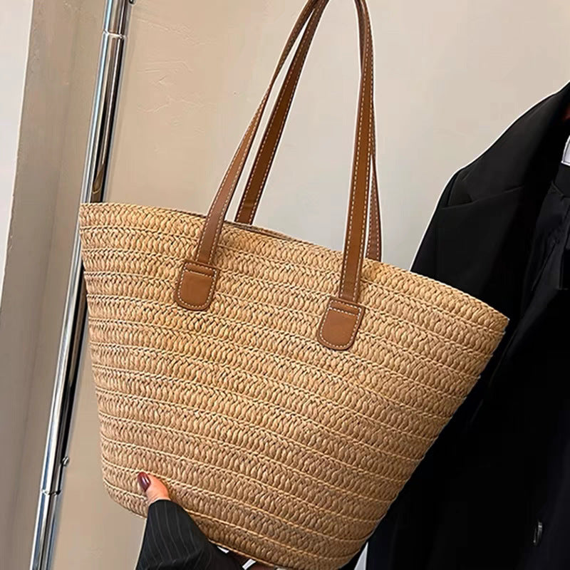 Woven Straw Shoulder Bag with Striped and Hollow Pattern Options