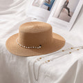 French-Inspired Flat Straw Hat with Pearl Chain Accent