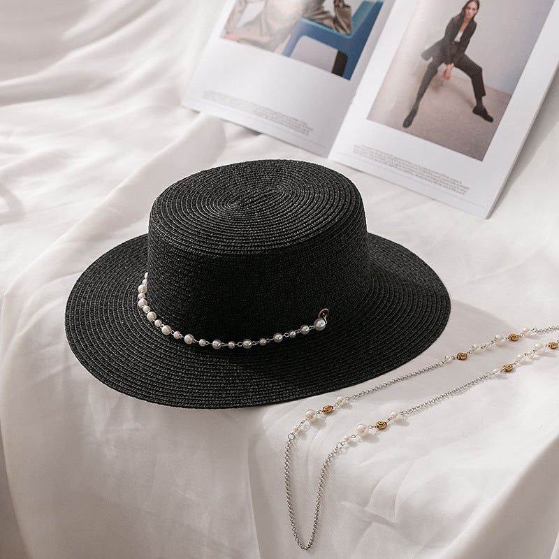 French-Inspired Flat Straw Hat with Pearl Chain Accent