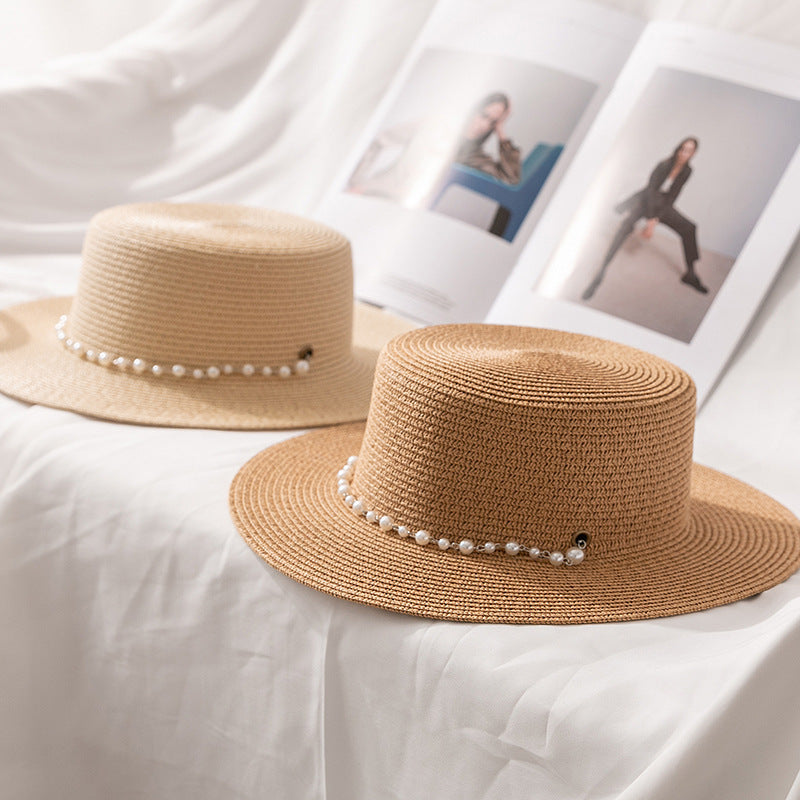French-Inspired Flat Straw Hat with Pearl Chain Accent